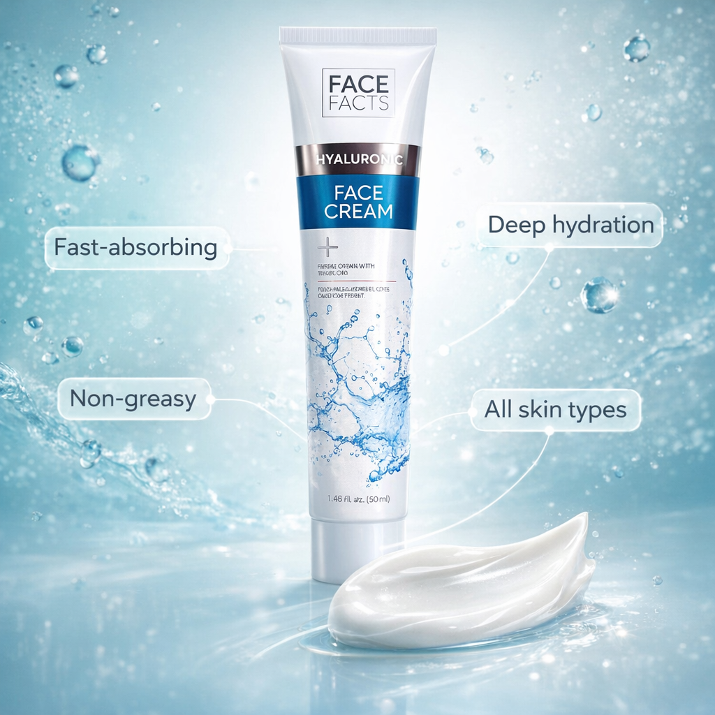 Face Facts Hyaluronic Face Cream showing fast absorbing, non greasy formula suitable for all skin types with hydrating cream texture