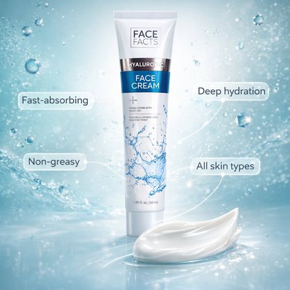 Face Facts Hyaluronic Face Cream showing fast absorbing, non greasy formula suitable for all skin types with hydrating cream texture