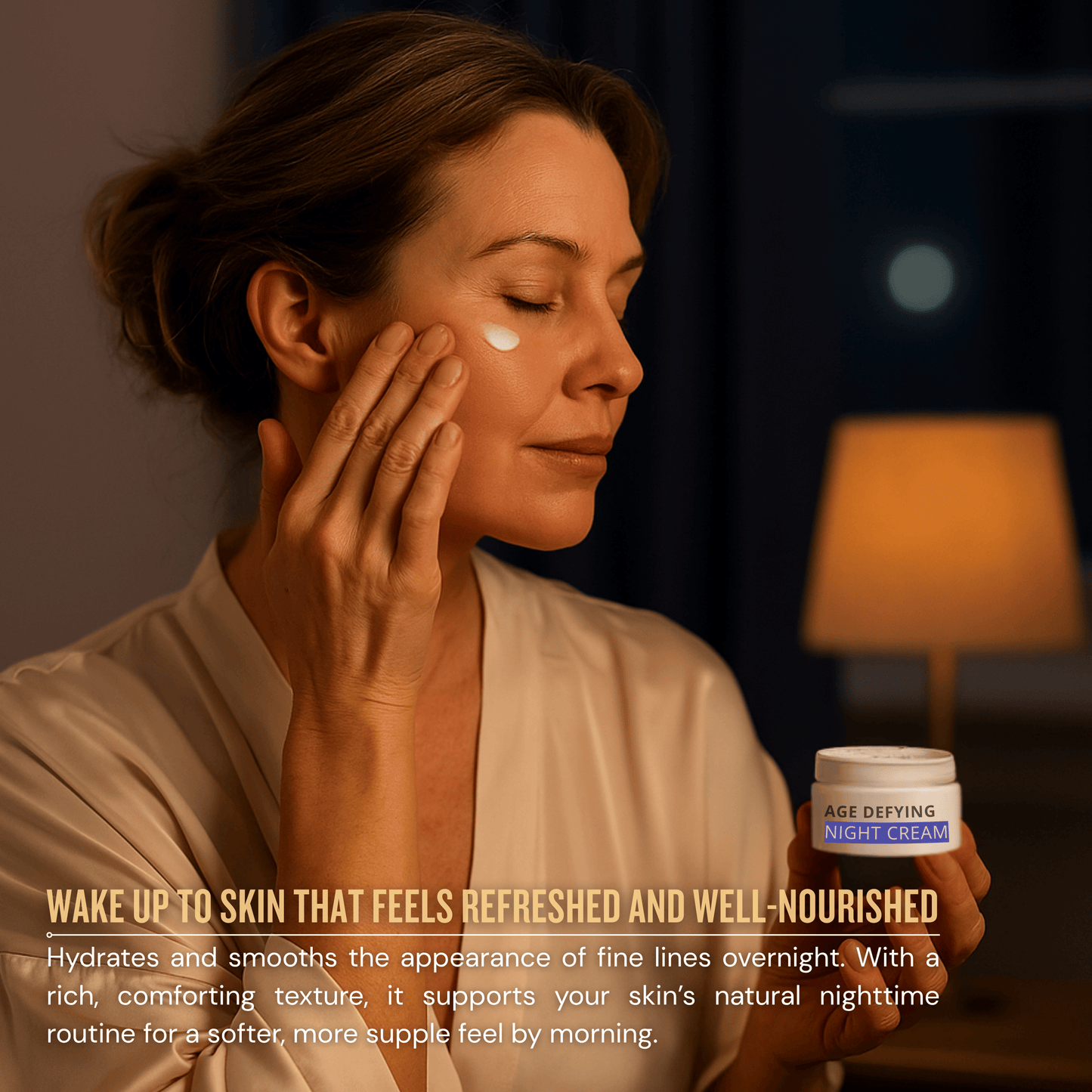 Woman applying Face Facts age defying night cream as part of an evening skincare routine for overnight hydration and smoothing.