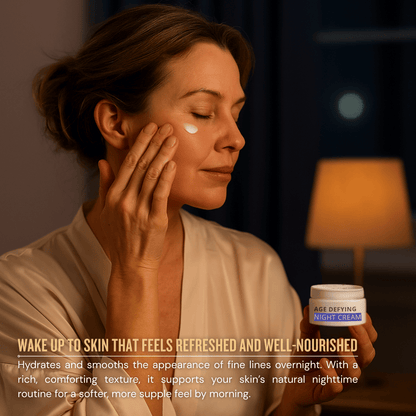 Woman applying Face Facts age defying night cream as part of an evening skincare routine for overnight hydration and smoothing.