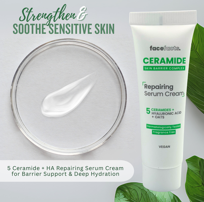 Face Facts ceramide repairing serum cream with visible texture swatch, designed to support sensitive skin and strengthen the moisture barrier.
