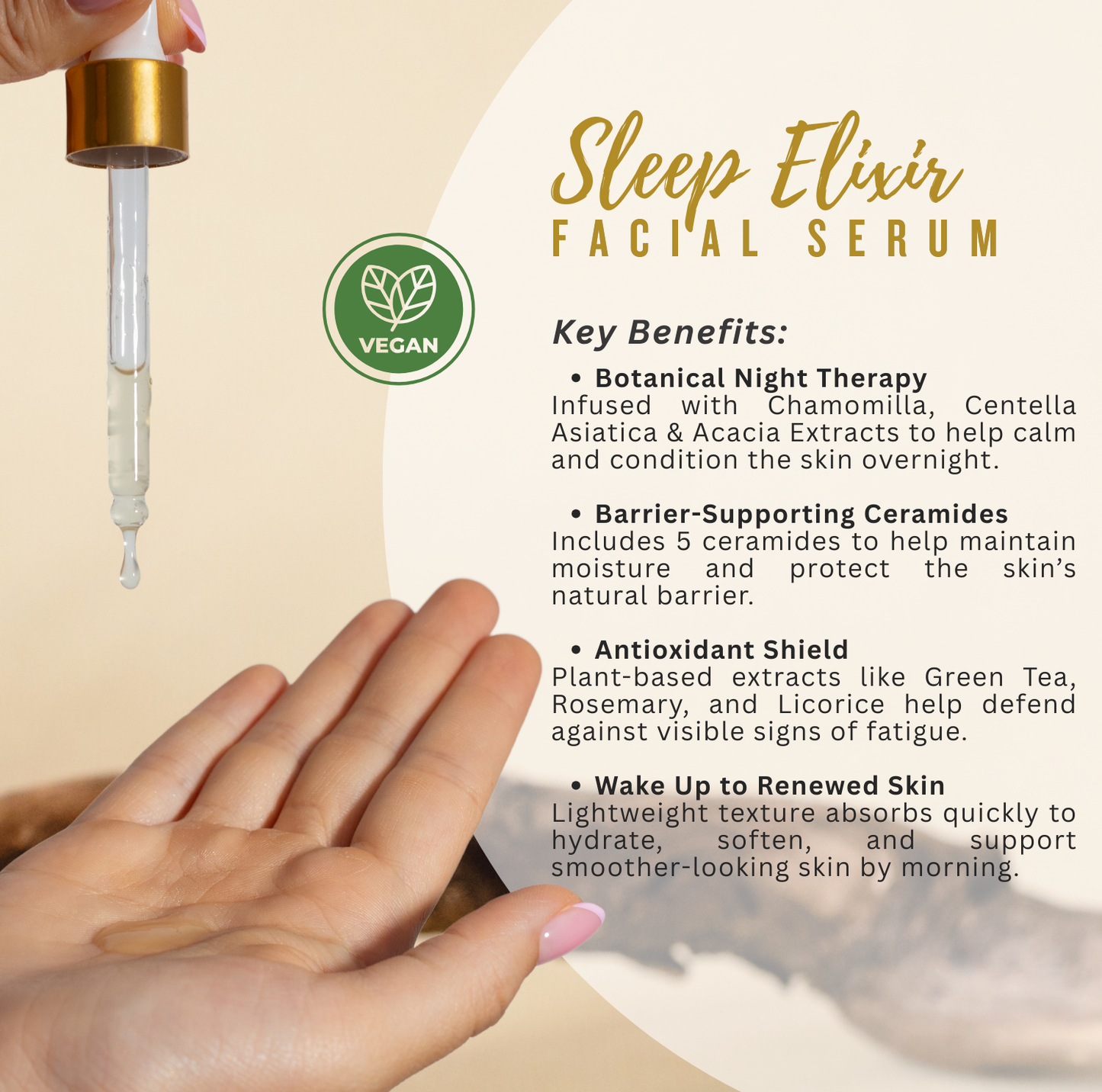Face Facts Overnight Renew sleep elixir facial serum displayed with texture dropper, formulated for overnight hydration and skin barrier support.