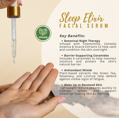 Face Facts Overnight Renew sleep elixir facial serum displayed with texture dropper, formulated for overnight hydration and skin barrier support.