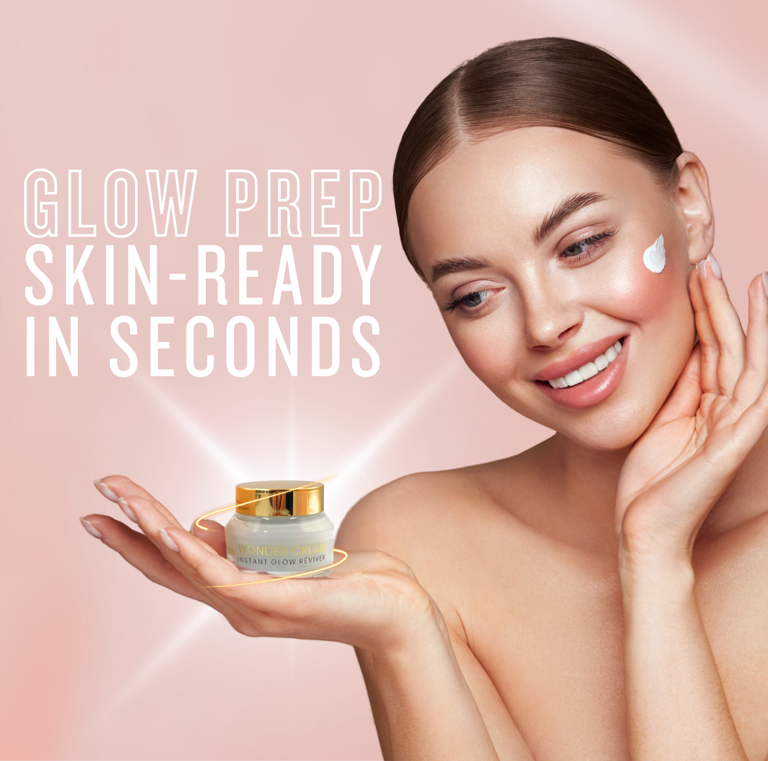 Face Facts Wonder Cream instant glow reviver applied to skin, designed to prep complexion and create a radiant glow-ready base.