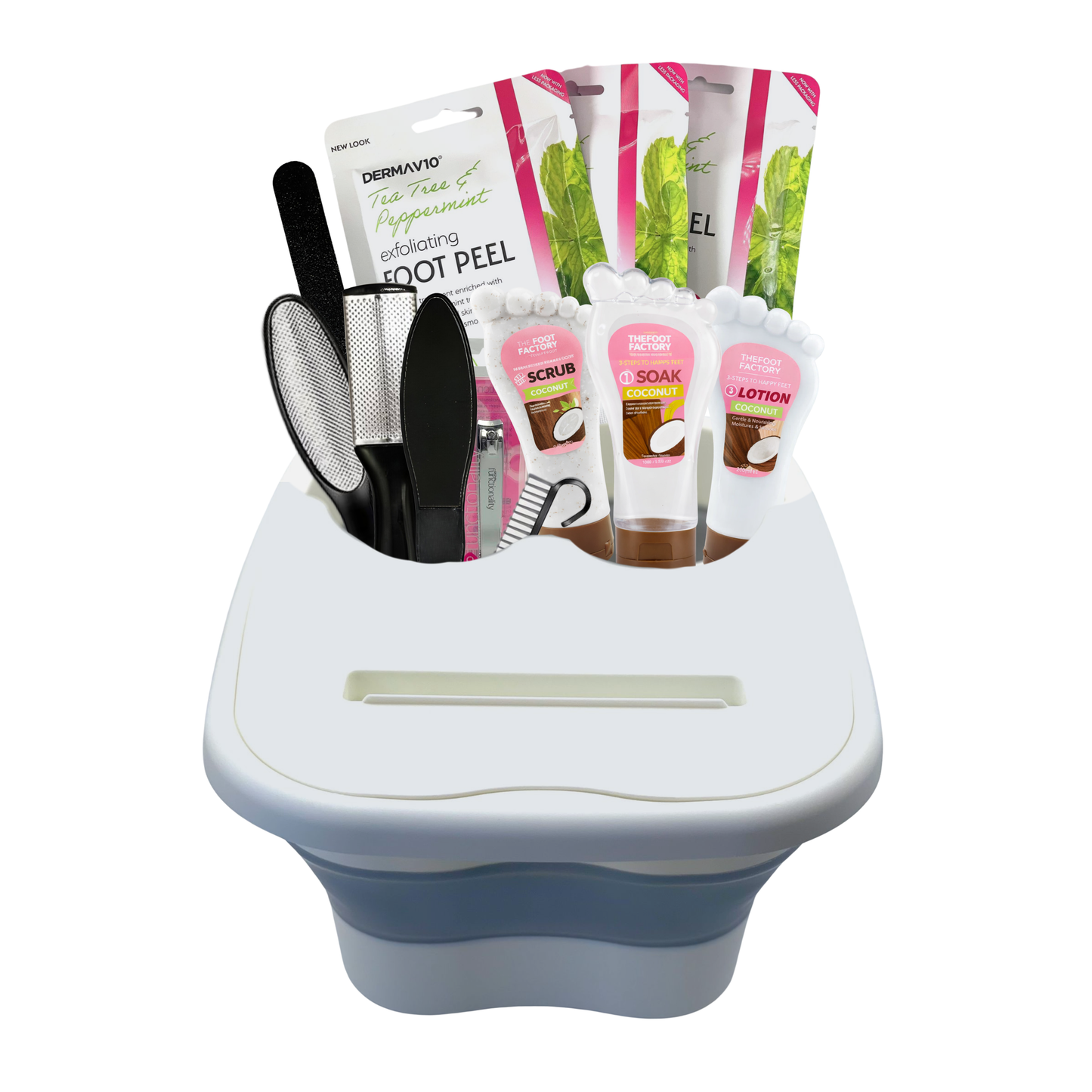 Collapsible foot spa tub with coconut foot scrub, foot soak, foot lotion, exfoliating foot peel masks, and pedicure tools arranged for a home spa experience.