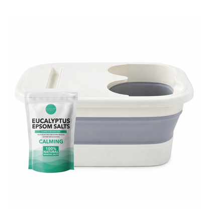 Portable foldable foot spa with eucalyptus epsom salts for calming and muscle soothing soak
