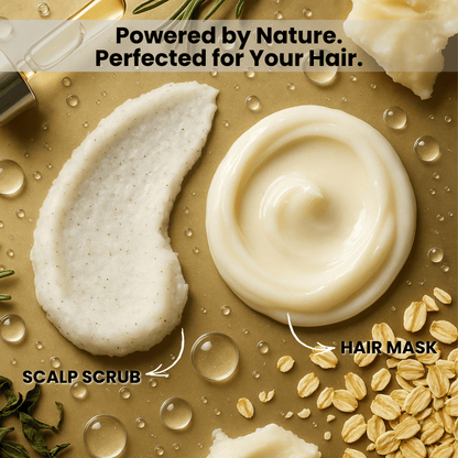 Scalp scrub and hair mask textures shown side by side, featuring exfoliating scrub and creamy conditioning mask for healthier hair.