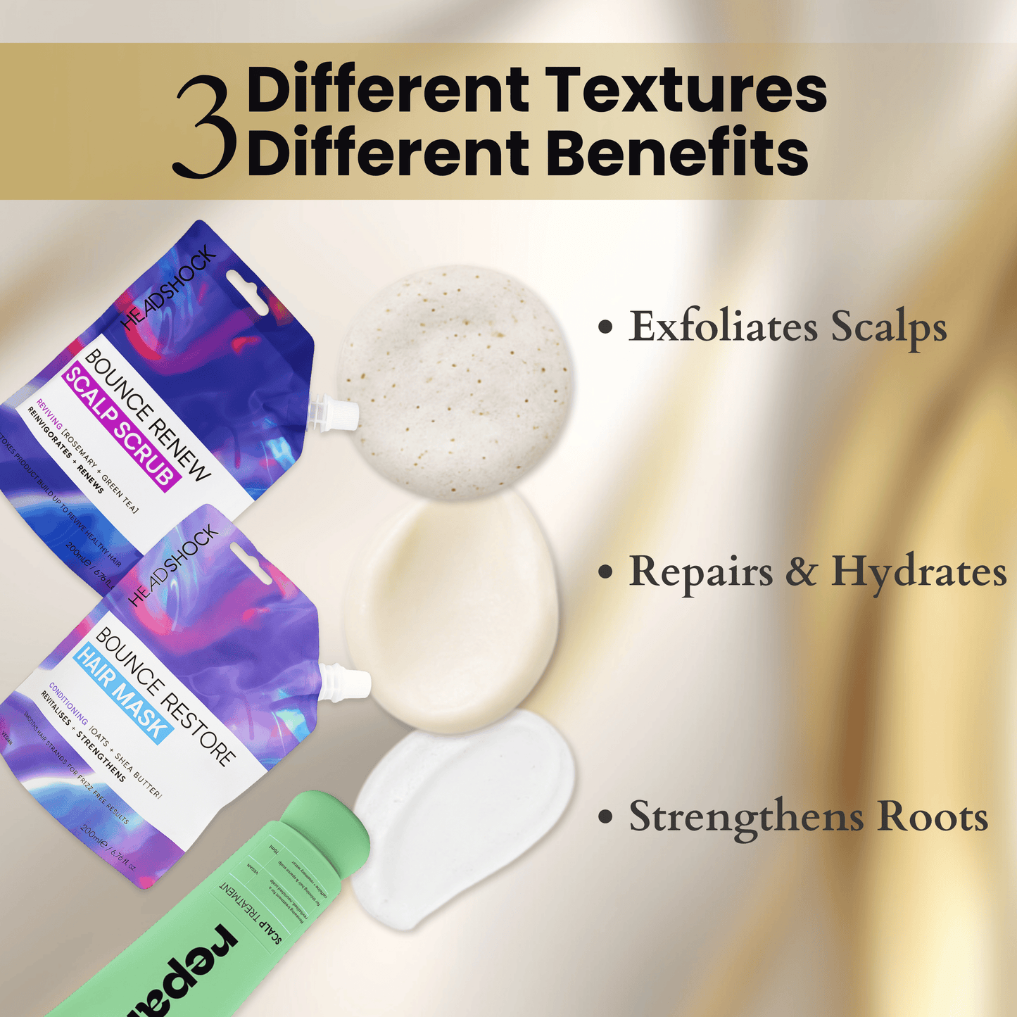 Scalp scrub and hair mask textures displayed with benefits highlighting exfoliation, hydration and strengthening from roots to lengths.