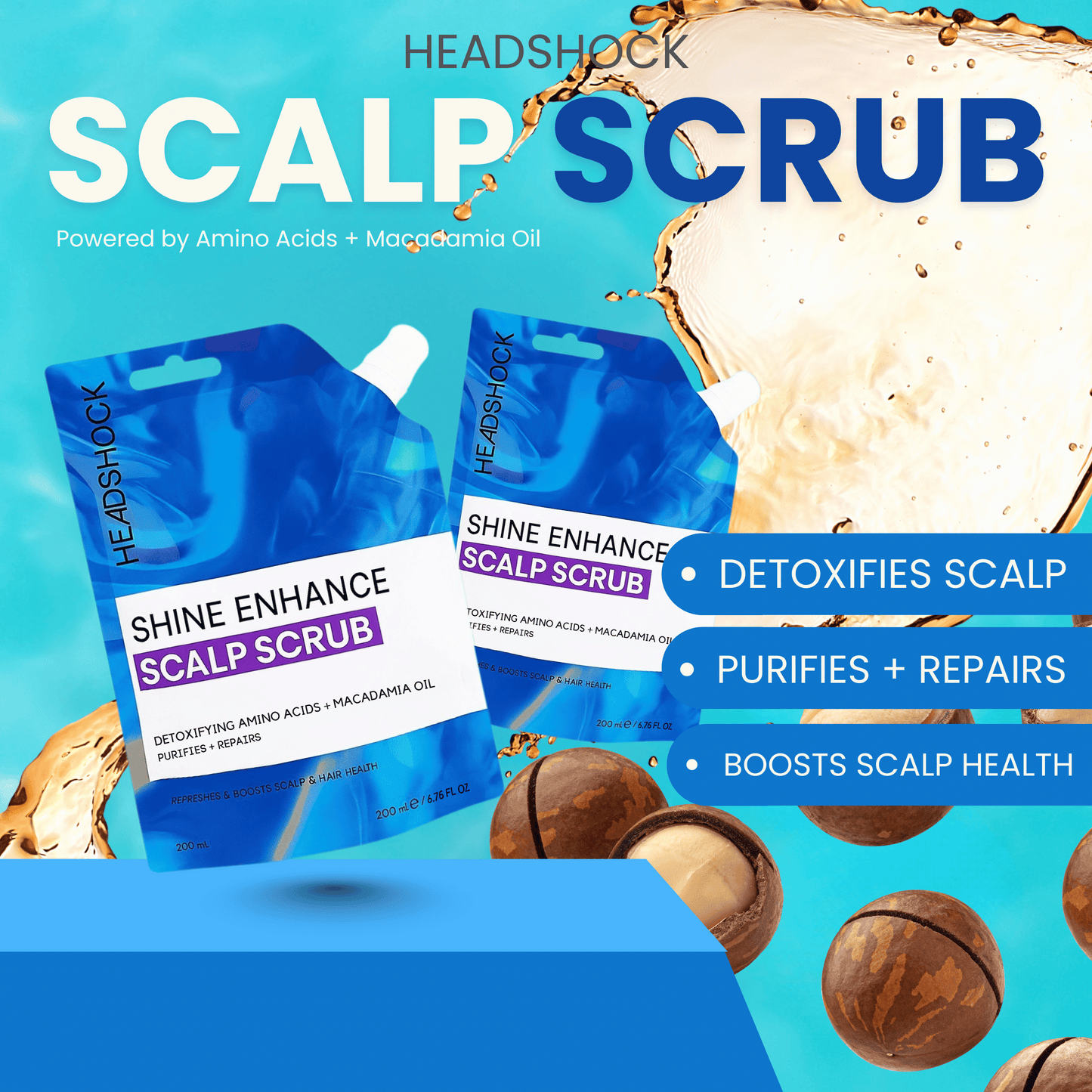 Headshock shine enhance scalp scrub with amino acids and macadamia oil designed to detoxify scalp buildup and improve overall scalp health.