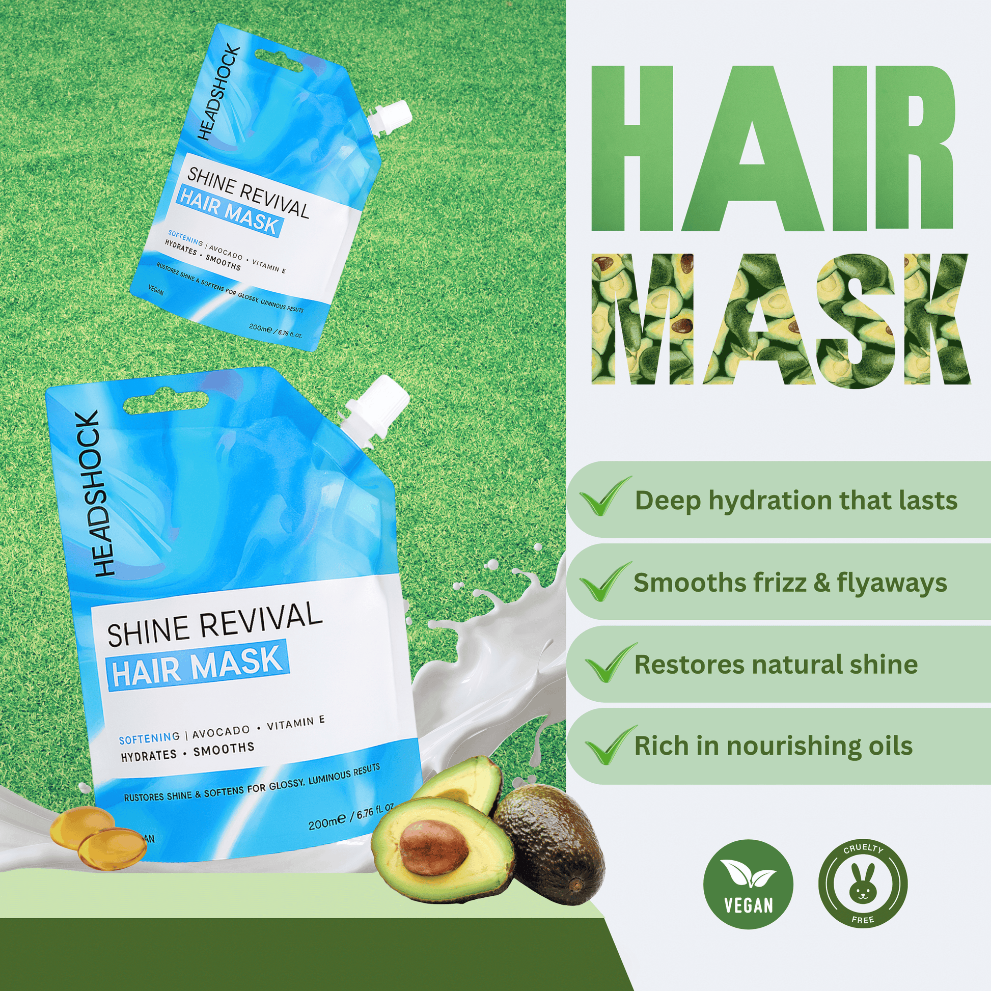 Headshock Shine Revival hair mask with avocado and vitamin E displayed on green background highlighting hydration and shine benefits.