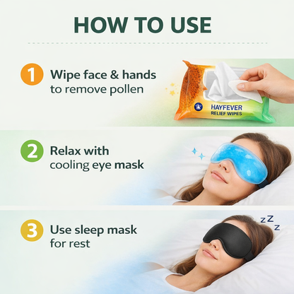 How to use hayfever relief wipes showing pollen removal from face and hands followed by eye mask use