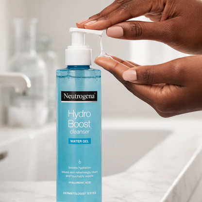 Close-up of Neutrogena Hydro Boost cleanser being dispensed from pump showing clear gel texture