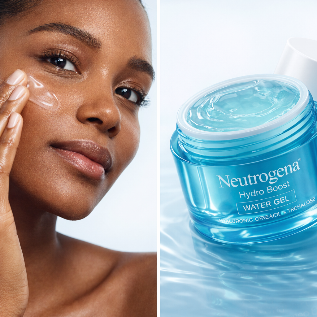 Model applying Neutrogena Hydro Boost water gel moisturiser demonstrating lightweight hydration and glowing skin