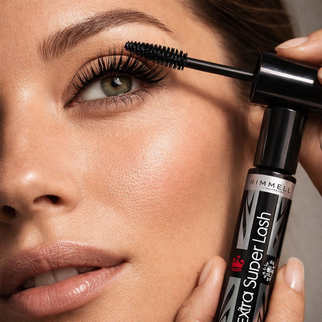Close-up of mascara being applied to eyelashes showing lengthening and definition with Rimmel Extra Super Lash