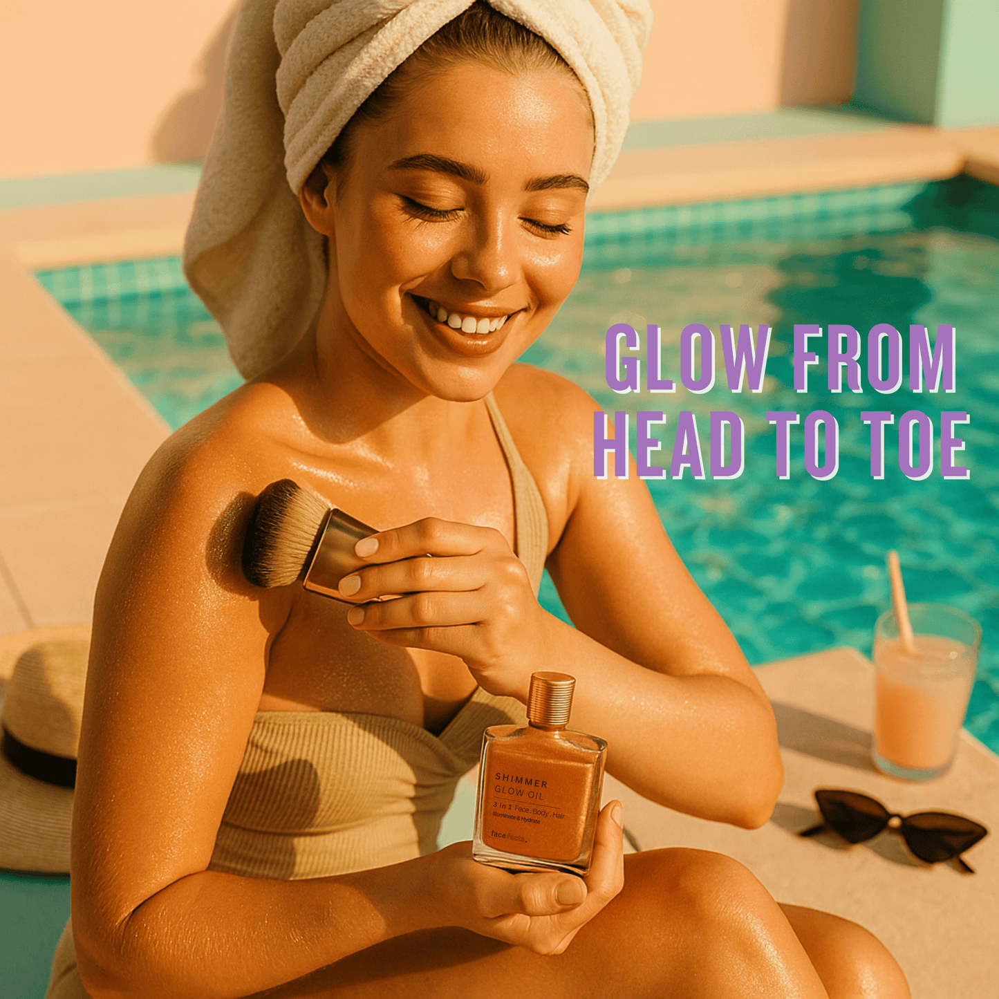 Shimmer glow oil applied to shoulders and arms using kabuki brush for bronzed radiant skin finish