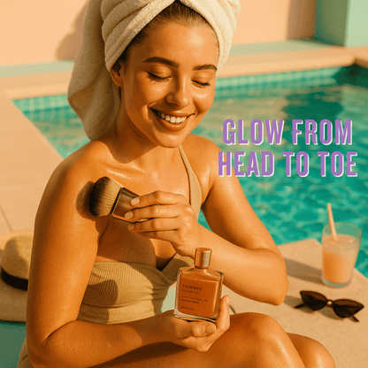 Shimmer glow oil applied to shoulders and arms using kabuki brush for bronzed radiant skin finish