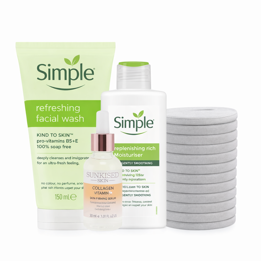 Simple facial skincare set with gentle cleanser, hydrating moisturiser, collagen and vitamin C serum, and grey reusable face towels