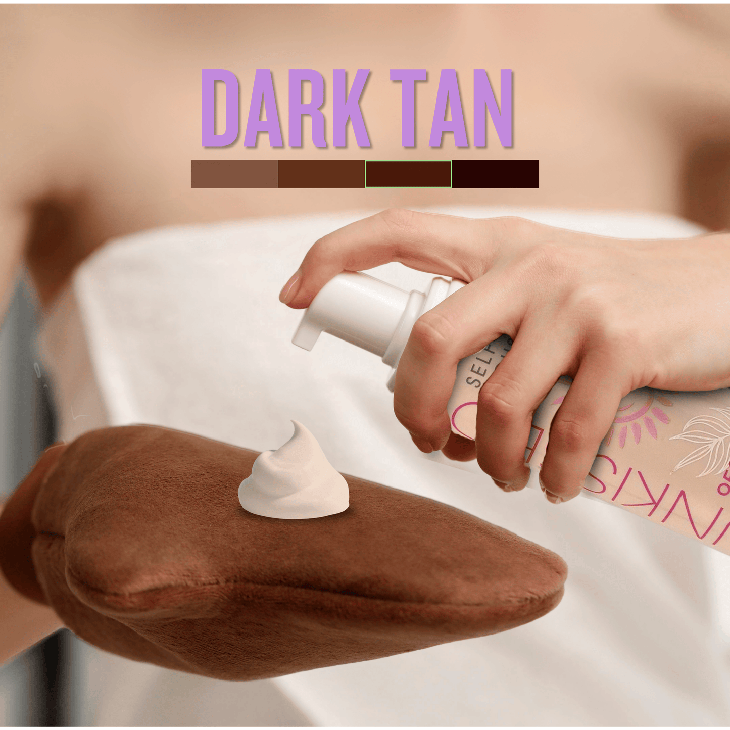 Close up of SolKiss dark self tan mousse dispensed onto tanning mitt showing creamy foam texture for streak free application