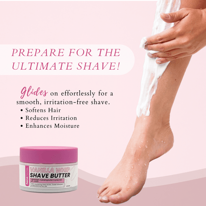 Applying vanilla whip shave butter on legs for smooth irritation-free shaving and closer razor glide