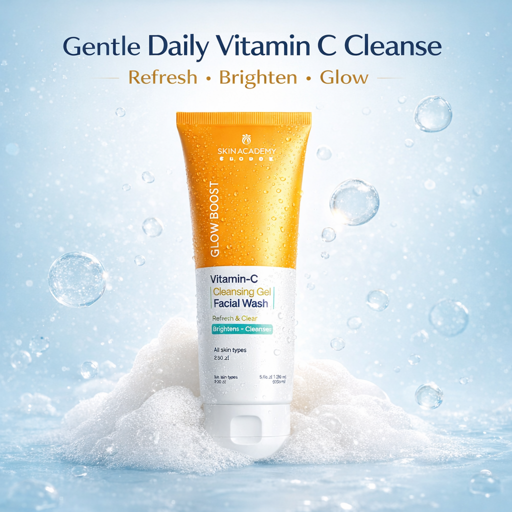 Skin Academy Glow Boost Vitamin C cleansing gel facial wash shown with water bubbles for gentle daily cleansing and brightening