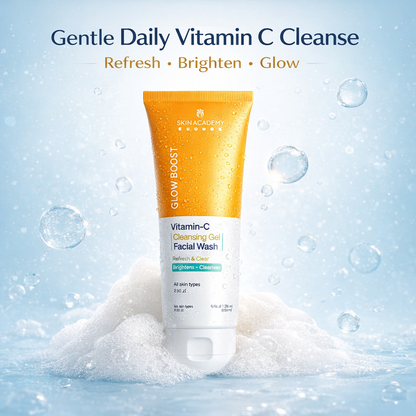 Skin Academy Glow Boost Vitamin C cleansing gel facial wash shown with water bubbles for gentle daily cleansing and brightening