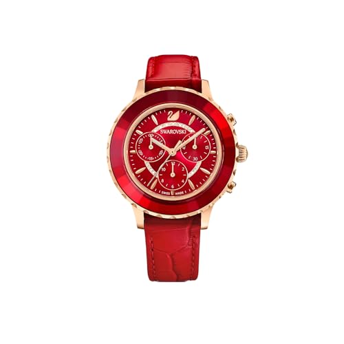 Swarovski Octea Lux Chrono Rose Gold Quartz Red Watch with Leather Strap, Crystals, Swiss Made Octea Lux Crystal Watch Collection, Red 5646975, Octea Lux Chrono - Green, Octea Lux Chrono, Red