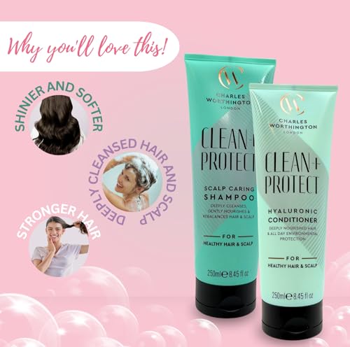 Clean + Protect shampoo and conditioner set highlighting stronger hair, deep cleansing, shine and softness benefits