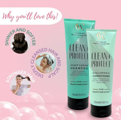 Clean + Protect shampoo and conditioner set highlighting stronger hair, deep cleansing, shine and softness benefits