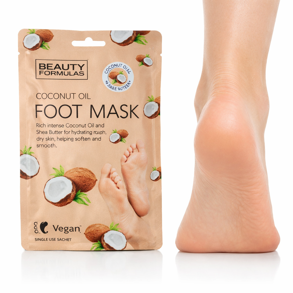 Coconut oil foot mask sachet next to smooth hydrated heel for dry and cracked feet care
