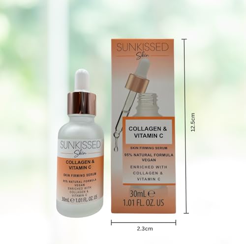 Collagen and vitamin C skin firming serum bottle with packaging showing dropper applicator and product size