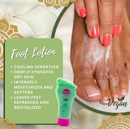 Cooling foot lotion applied to feet to deeply hydrate dry skin, moisturise cracked heels and restore softness with a refreshing sensation