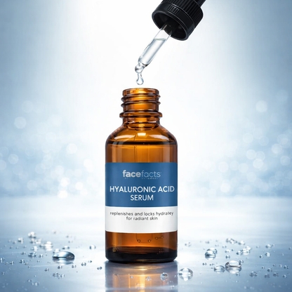 Face Facts Hyaluronic Acid Serum bottle with dropper dispensing serum to demonstrate deep hydration and moisture locking benefits