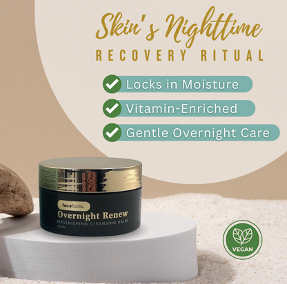 Face Facts Overnight Renew replenishing cleansing balm presented as part of a nighttime recovery ritual for gentle cleansing and moisture retention.