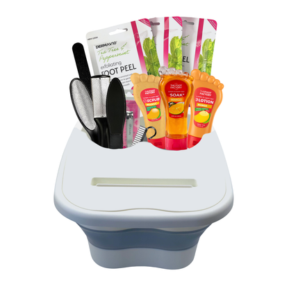 Portable foldable foot spa tub with mango foot soak, foot scrub, foot lotion, exfoliating foot peel masks, and pedicure tools for smooth feet at home.