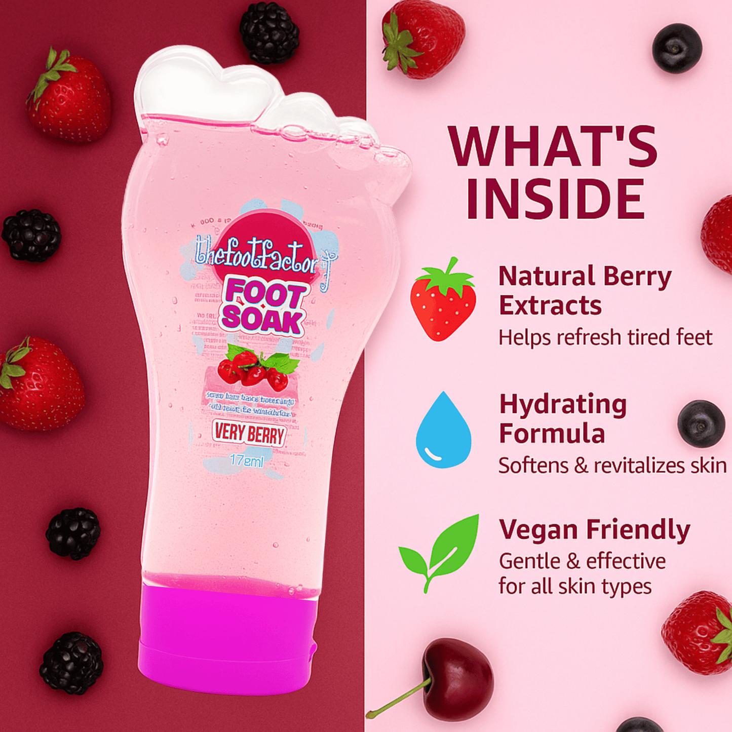Foot Factory very berry foot soak ingredients graphic highlighting natural berry extracts, hydrating formula and gentle vegan foot care.
