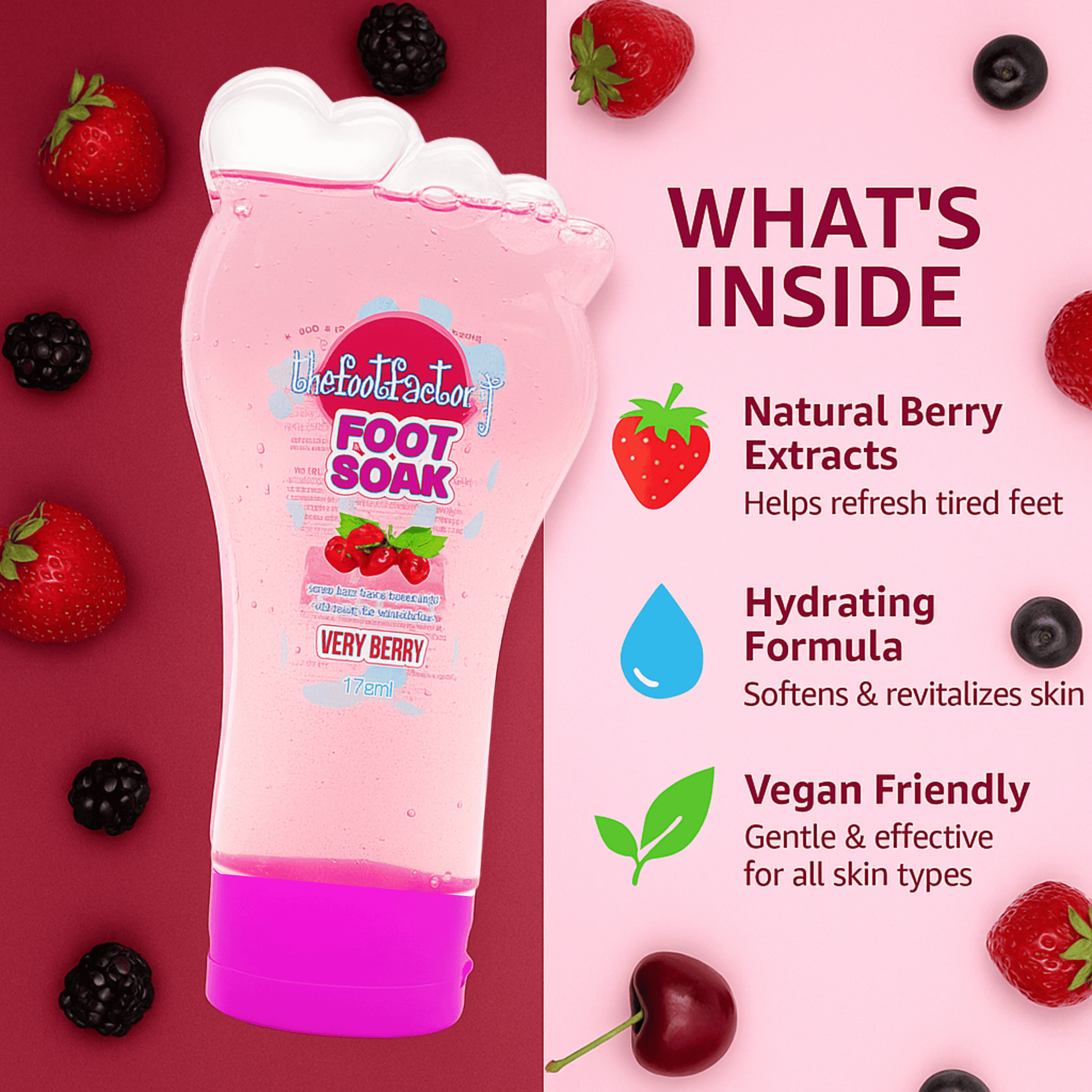 Foot Factory very berry foot soak ingredients graphic highlighting natural berry extracts, hydrating formula and gentle vegan foot care.
