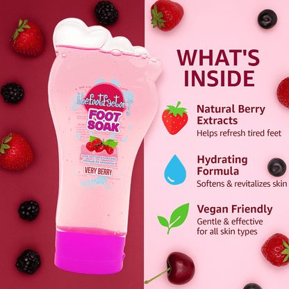 Foot Factory very berry foot soak ingredients graphic highlighting natural berry extracts, hydrating formula and gentle vegan foot care.