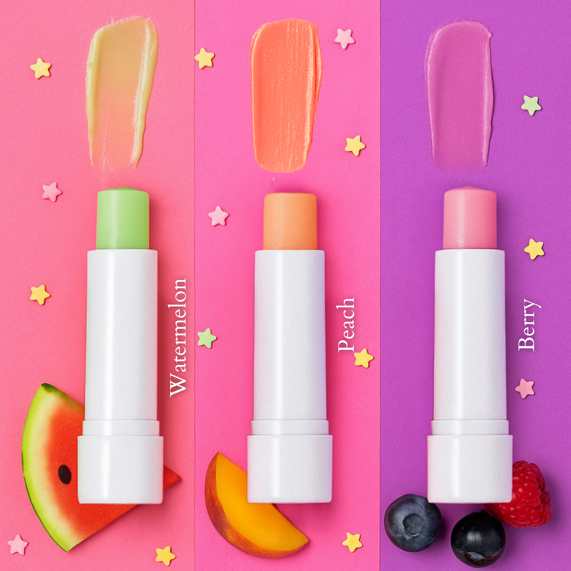 Moisturising lip balm set in watermelon, peach and berry flavours displayed on colourful background