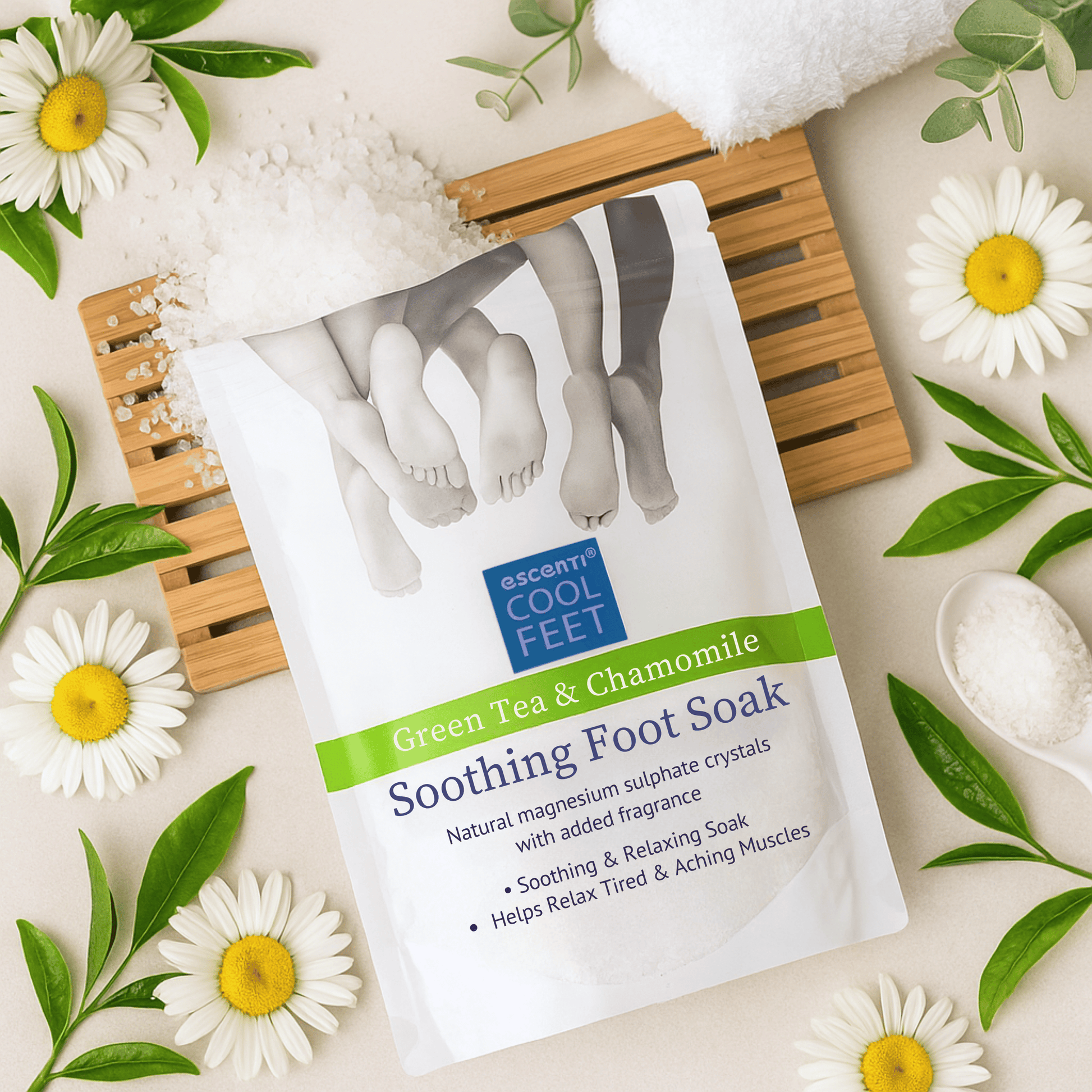Green tea and chamomile soothing foot soak 450g with natural magnesium sulphate crystals for relaxing tired feet