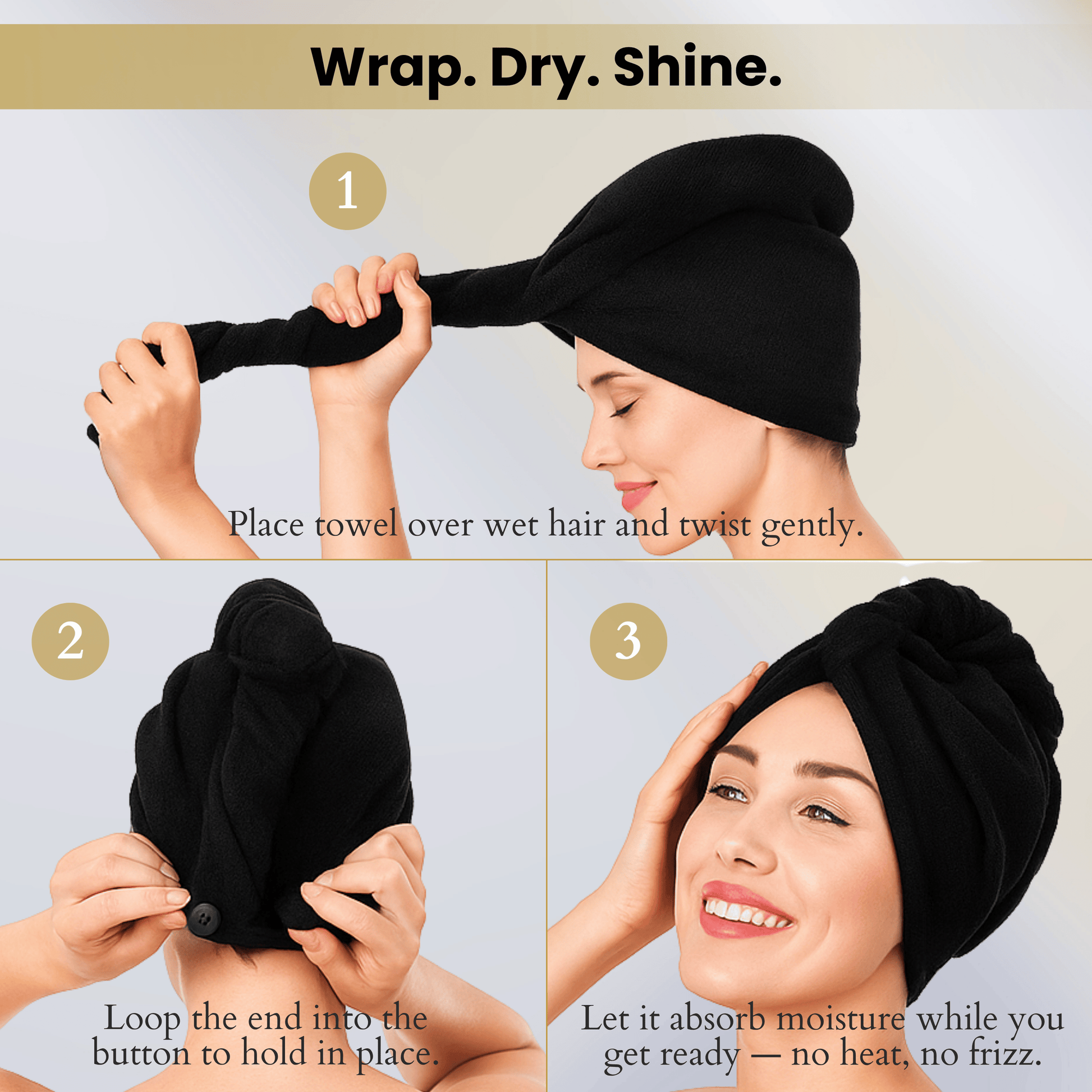 Woman demonstrating hair towel wrap steps after hair mask use, allowing hair to absorb moisture without heat or frizz.