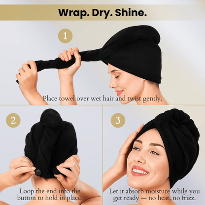 Woman demonstrating hair towel wrap steps after hair mask use, allowing hair to absorb moisture without heat or frizz.