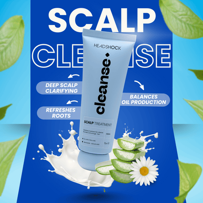 Headshock cleanse scalp treatment shown with clarifying benefits that refresh roots and help balance excess oil on the scalp.