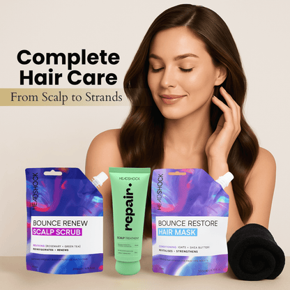 Woman using Headshock scalp scrub, repair treatment and hair mask as a complete hair care routine from scalp to strands.