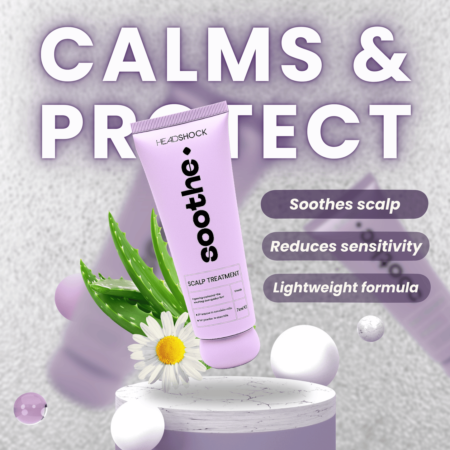 Headshock Soothe scalp treatment tube with aloe imagery showcasing calming, lightweight care for sensitive and irritated scalps.