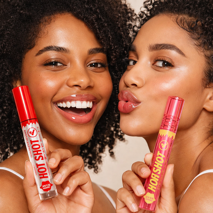 Two models holding lip gloss and plumping lip oil showing glossy lips and natural makeup finish
