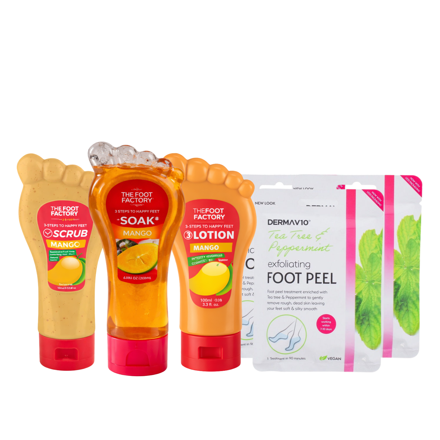 Mango foot care set with exfoliating foot scrub, refreshing foot soak, moisturising foot lotion and tea tree foot peel mask
