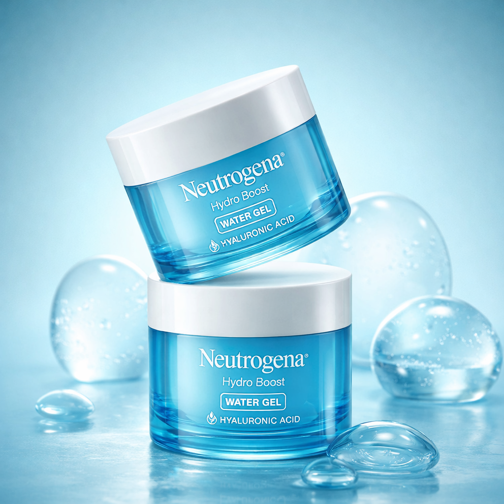 Neutrogena Hydro Boost water gel moisturiser jars stacked with water droplets highlighting hydration