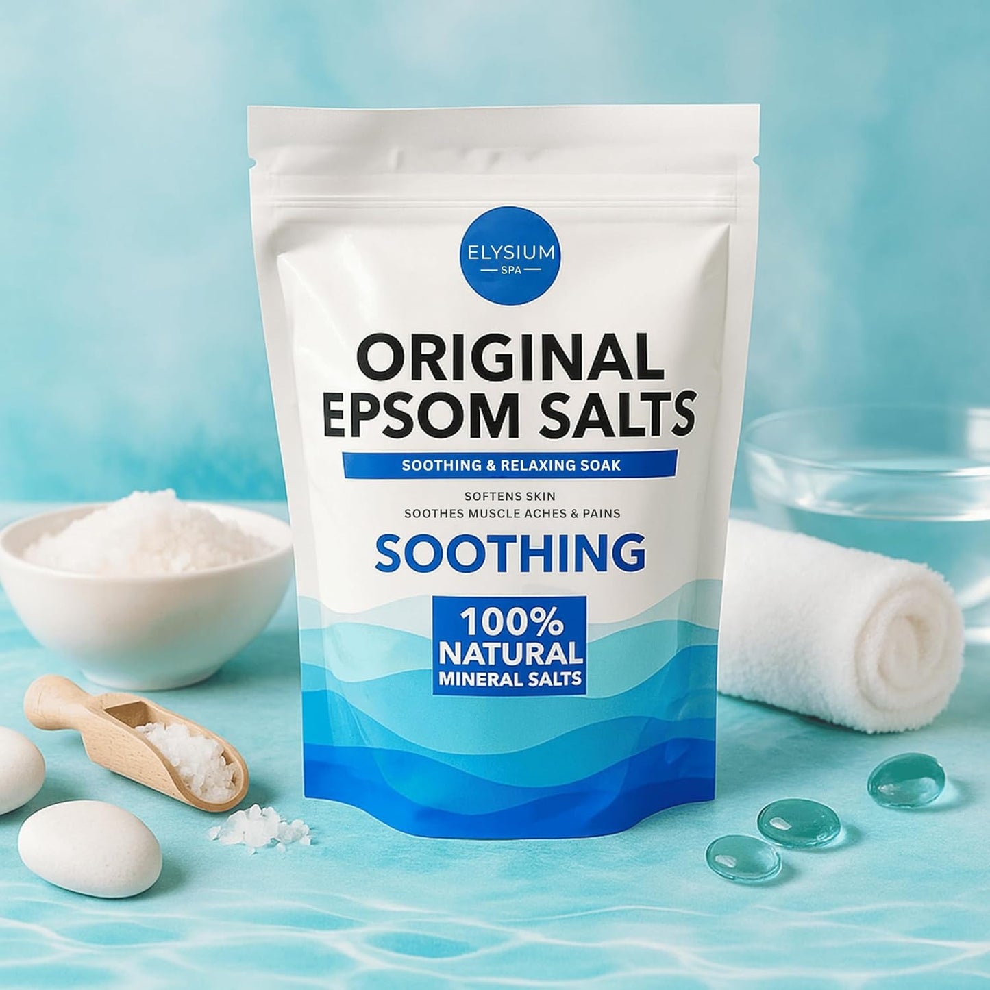 Original epsom salts soothing and relaxing foot soak displayed with spa accessories and towel