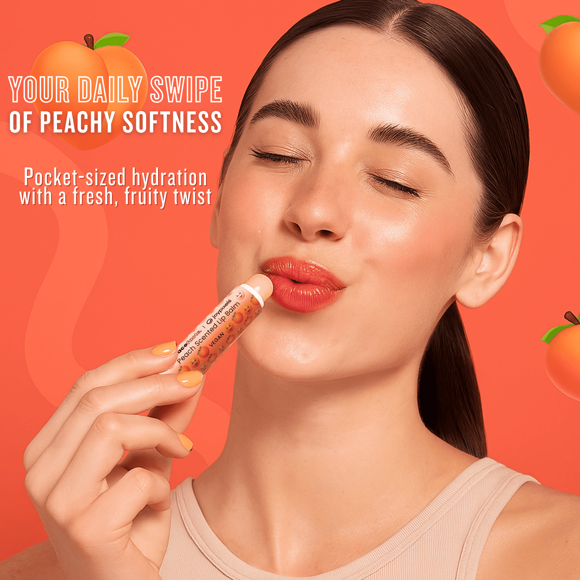 Woman applying peach scented lip balm for smooth hydrated lips