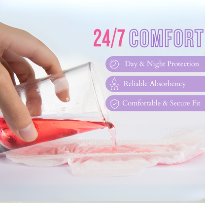 Sanitary towels absorbency test showing day and night protection pads for reliable period care and leak protection